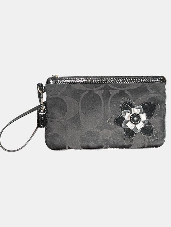 Coach Handbags - Coach Black Signature Wristlet with 3D Black and Silver Flower Appliqué Y2K
